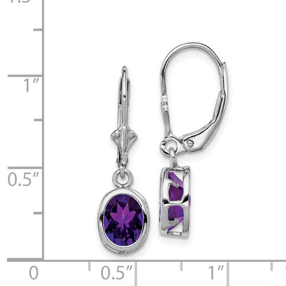 Sterling Silver Rhodium Plated 8x6mm Oval Amethyst Leverback Dangle Earrings