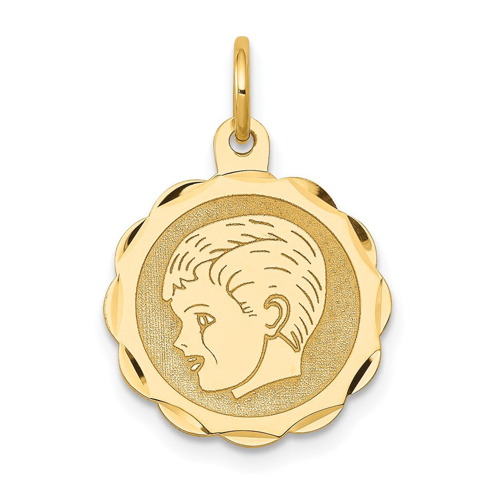 14k Yellow Gold Boy Head on .013 Gauge Engravable Scalloped Disc Charm Pendant