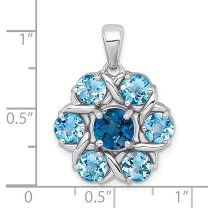 Sterling Silver Rhodium Polished Blue Topaz and Swiss Blue Topaz Flower Pendant