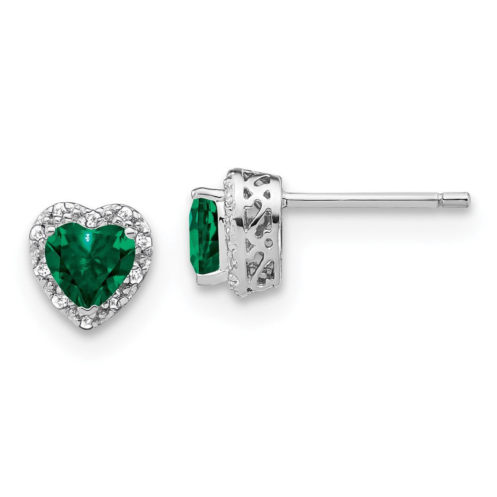 Sterling Silver Rhodium-plated Created Emerald and Diamond Button Stud Earrings