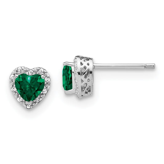 Sterling Silver Rhodium-plated Created Emerald and Diamond Button Stud Earrings