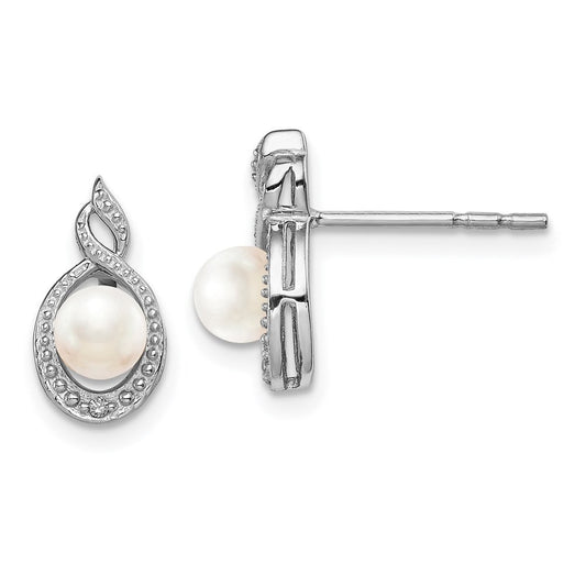 Sterling Silver Rhodium-plated FW Cultured Pearl & Diam. Button Stud Earrings