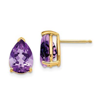 14k Yellow Gold 10x7mm Pear Amethyst Stud Earrings