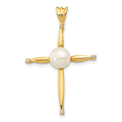 14k Yellow Gold 7mm Freshwater Cultured Pearl & .02 Ct Diamond Cross Pendant