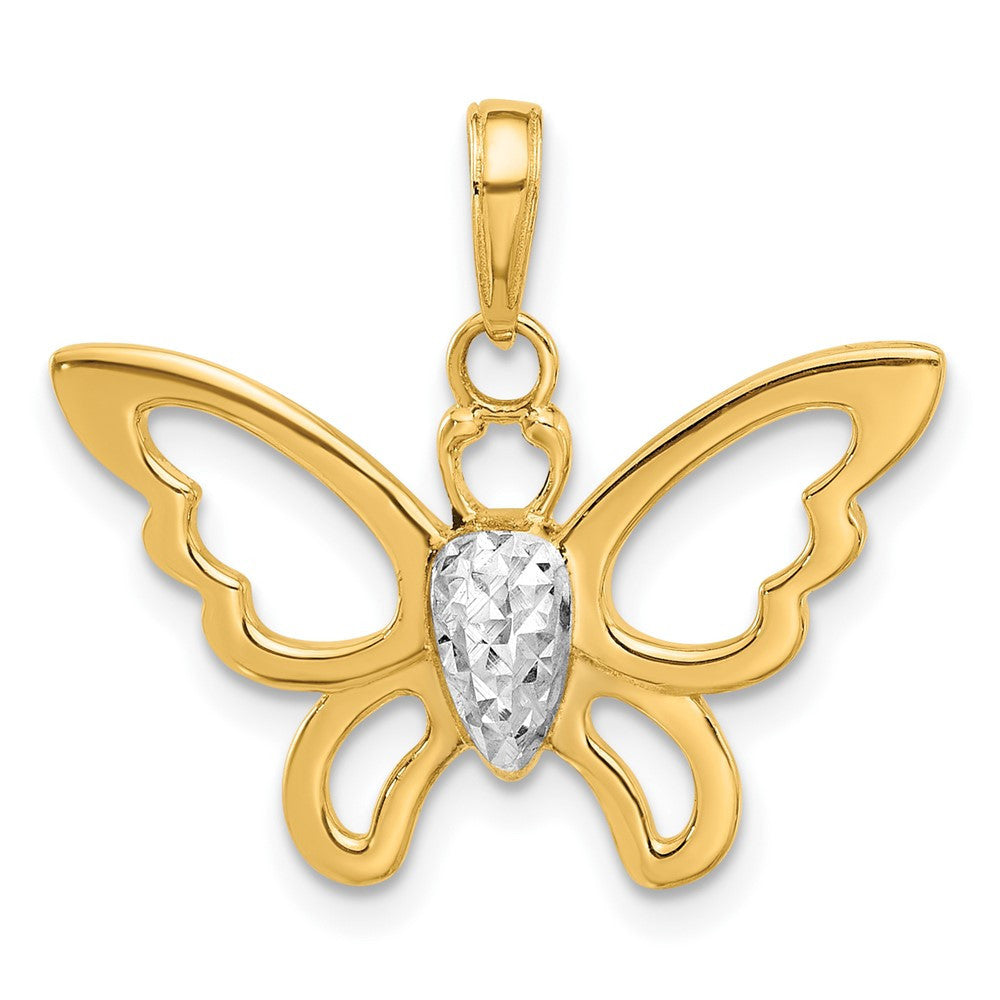 14k Yellow Gold and White Rhodium Polished and Diamond-Cut Butterfly Pendant