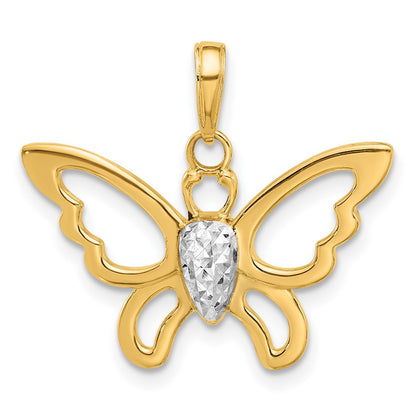 14k Yellow Gold and White Rhodium Polished and Diamond-Cut Butterfly Pendant