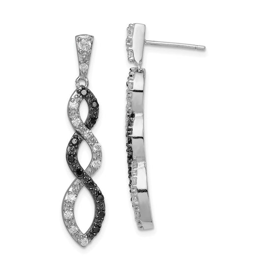 Sterling Silver Rhod-plated Black & White CZ Twist Dangle Earrings