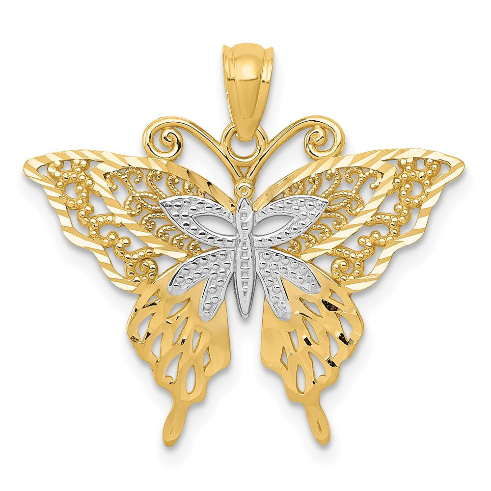 14k Yellow Gold Rhodium Fancy Butterfly Pendant