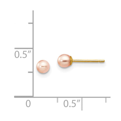 14k Yellow Gold 3-4mm Pink Round Freshwater Cultured Pearl Stud Earrings