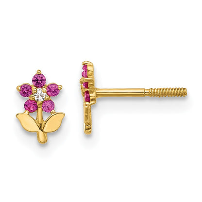 14k Yellow Gold Polished Dark Pink & White CZ Flower Stud Earrings