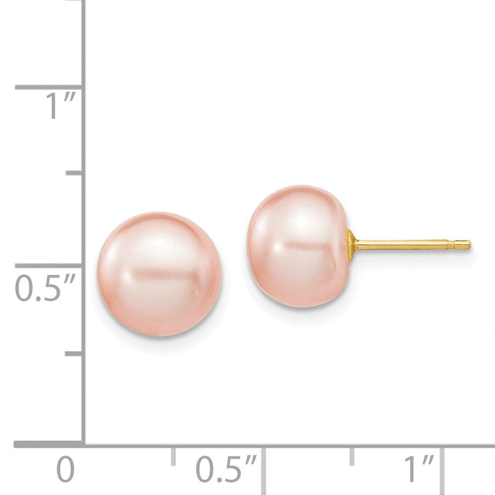 14k Yellow Gold 8-9mm Pink Button Freshwater Cultured Pearl Stud Earrings