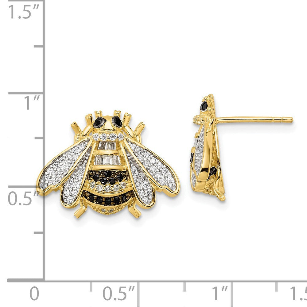 Sterling Silver Blk/White RH-plated Gold Tone CZ Bumblebee Button Stud Earrings