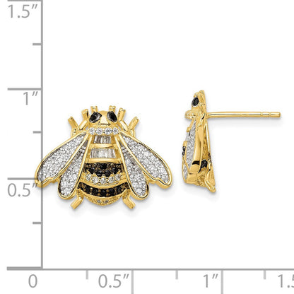 Sterling Silver Blk/White RH-plated Gold Tone CZ Bumblebee Button Stud Earrings