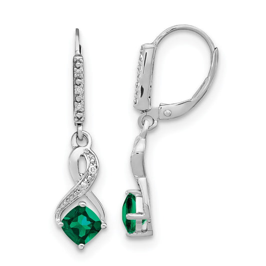 Sterling Silver Rhodium-plated Created Emerald and Diamond Dangle Earrings