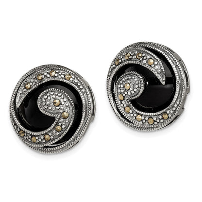 Sterling Silver Antiqued Onyx & Marcasite Round Wave Button Stud Earrings