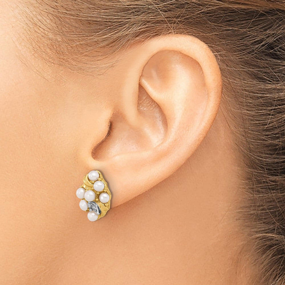 14k Yellow Gold 3-4mm Button Freshwater Cultured Pearl & Diamond Stud Earrings