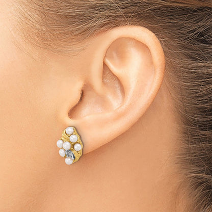 14k Yellow Gold 3-4mm Button Freshwater Cultured Pearl & Diamond Stud Earrings