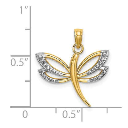 14k Yellow Gold Rhodium Textured Dragonfly Charm Pendant