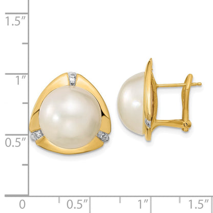 14k Yellow Gold Saltwater Cultured Pearl and Diamond Stud Earrings Omega Back
