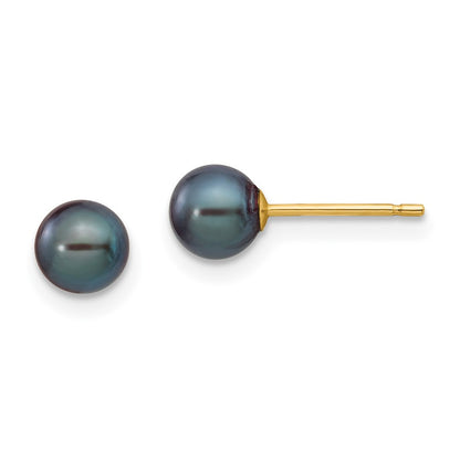 14k Yellow Gold 5-6mm Black Round Freshwater Cultured Pearl Stud Earrings