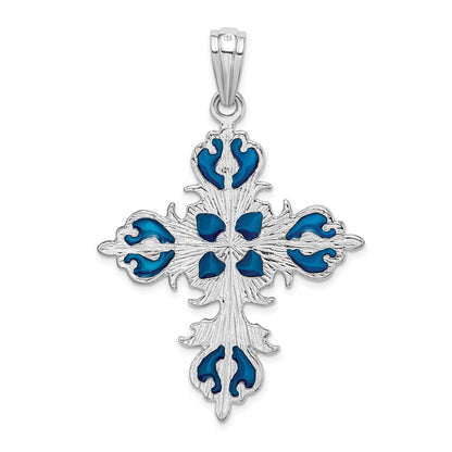 Sterling Silver Rhodium-Plated Polished Enameled Fleur de Lis Cross Pendant