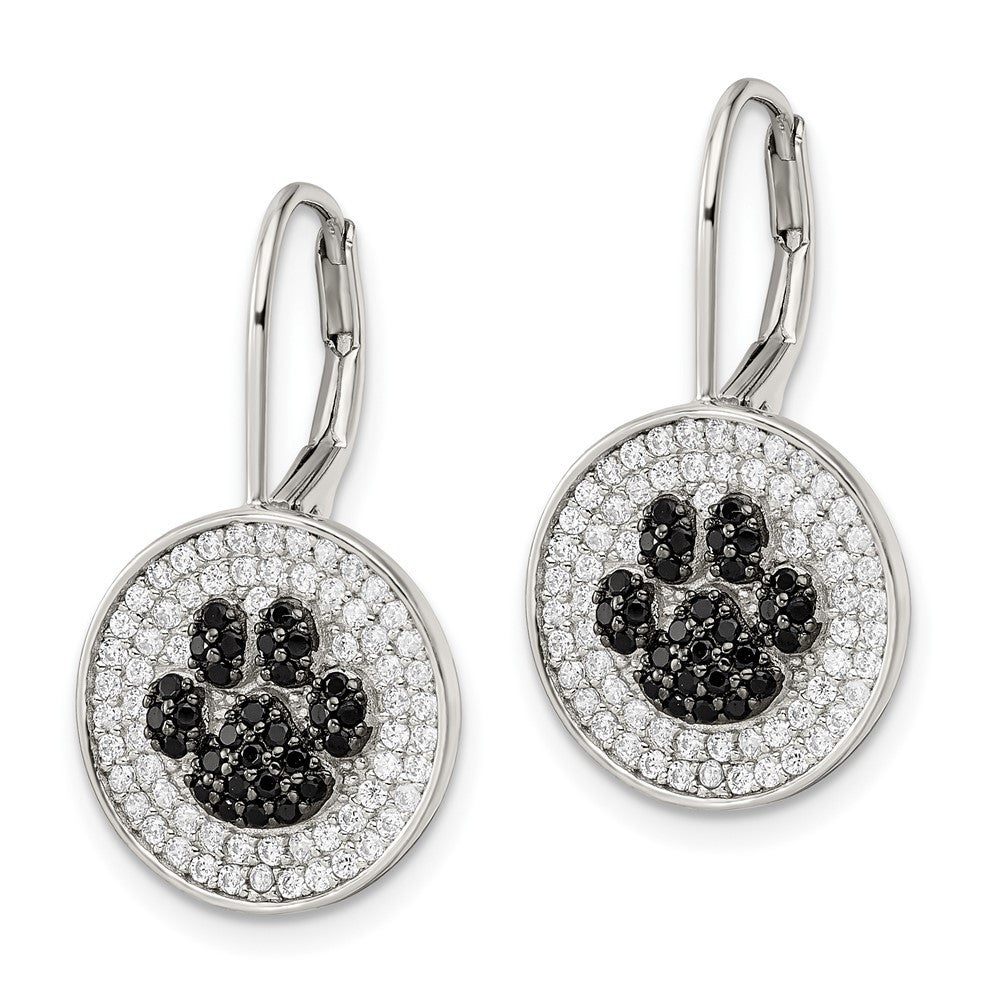 Sterling Silver Rhodium-plated Polished CZ Paw Print Leverback Dangle Earrings
