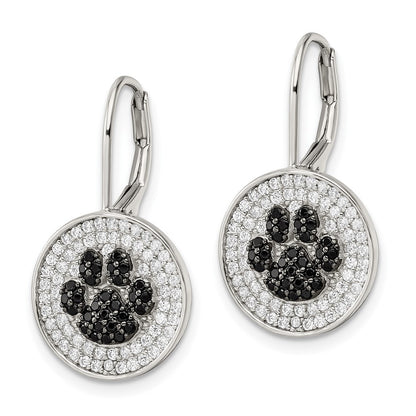 Sterling Silver Rhodium-plated Polished CZ Paw Print Leverback Dangle Earrings