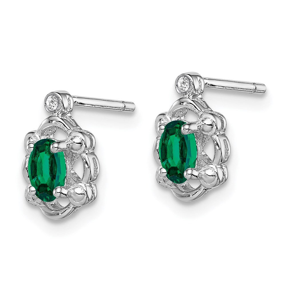 Sterling Silver Rhodium-plated Created Emerald & Diam. Button Stud Earrings