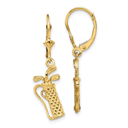 14k Yellow Gold Textured Golf Bag Leverback Drop & Dangle Earrings