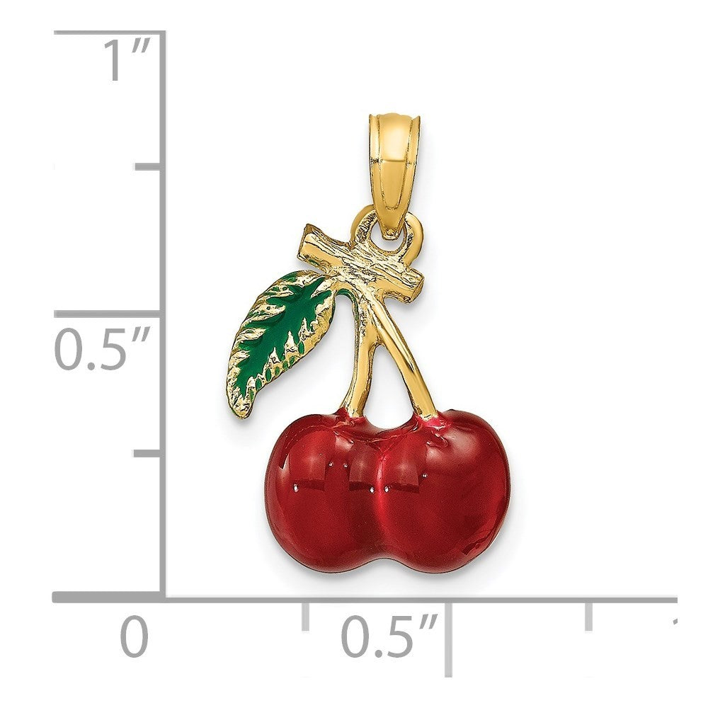 14k Yellow Gold 3-D Enamel Cherries Leaf Charm Pendant