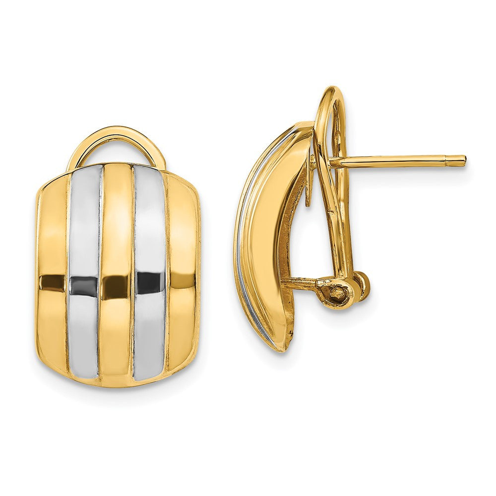14k Yellow Gold & Rhodium Ribbed Omega Back Stud Earrings