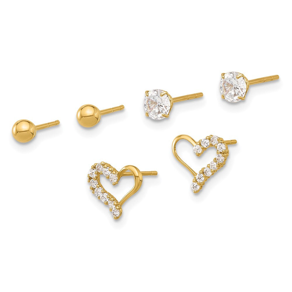 14k Yellow Gold Polished CZ Ball and Heart Earring Set