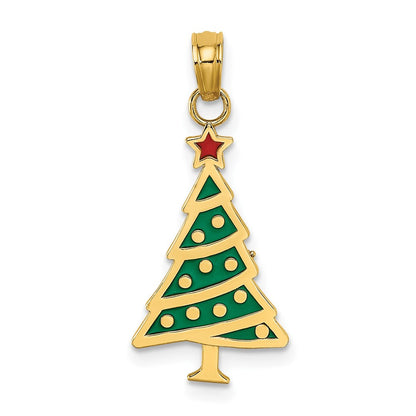 14k Yellow Gold Enamel Green Christmas Tree Red Star Charm Pendant