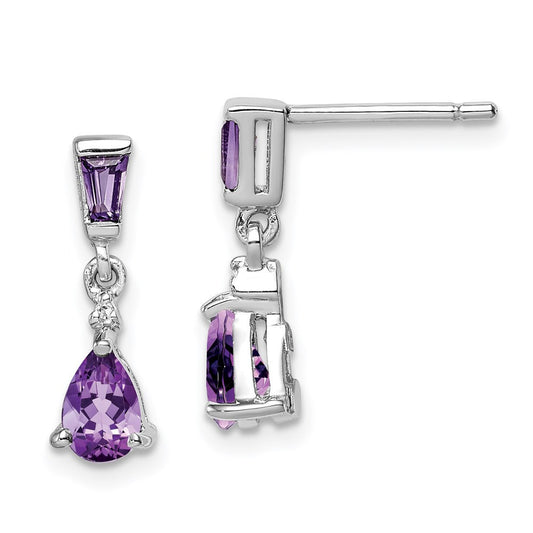 Sterling Silver Rhodium Plated Diamond and Amethyst Dangle Earrings