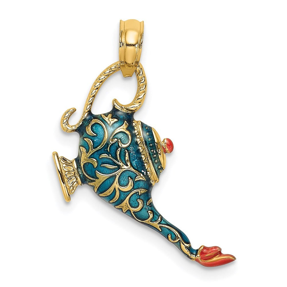 14k Yellow Gold Enamel 3-D Textured Blue Genie Lamp Charm Pendant