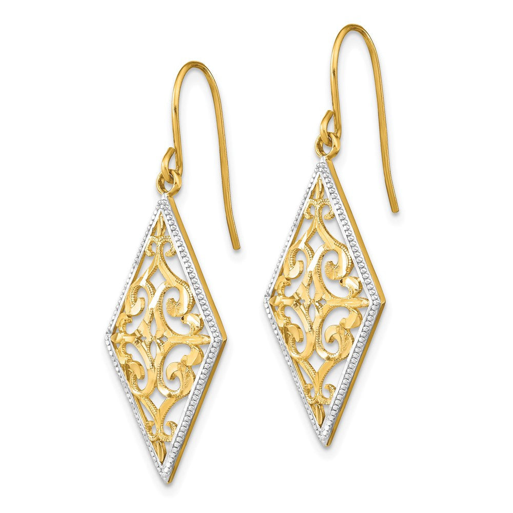 14k Yellow Gold w/Rhodium Diamond Shape Filigree Dangle Earrings