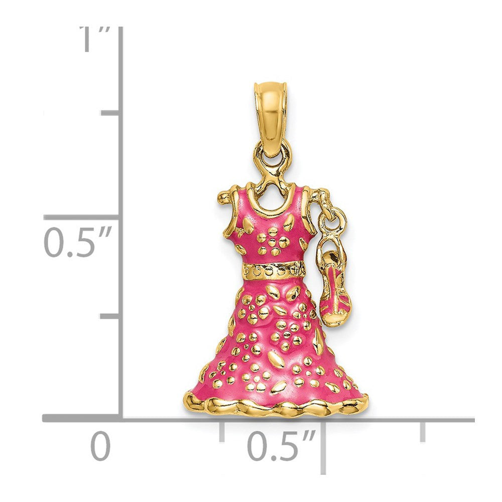 14k Yellow Gold 3-D Moveable Enamel Pink Floral Dress Shoe Charm Pendant