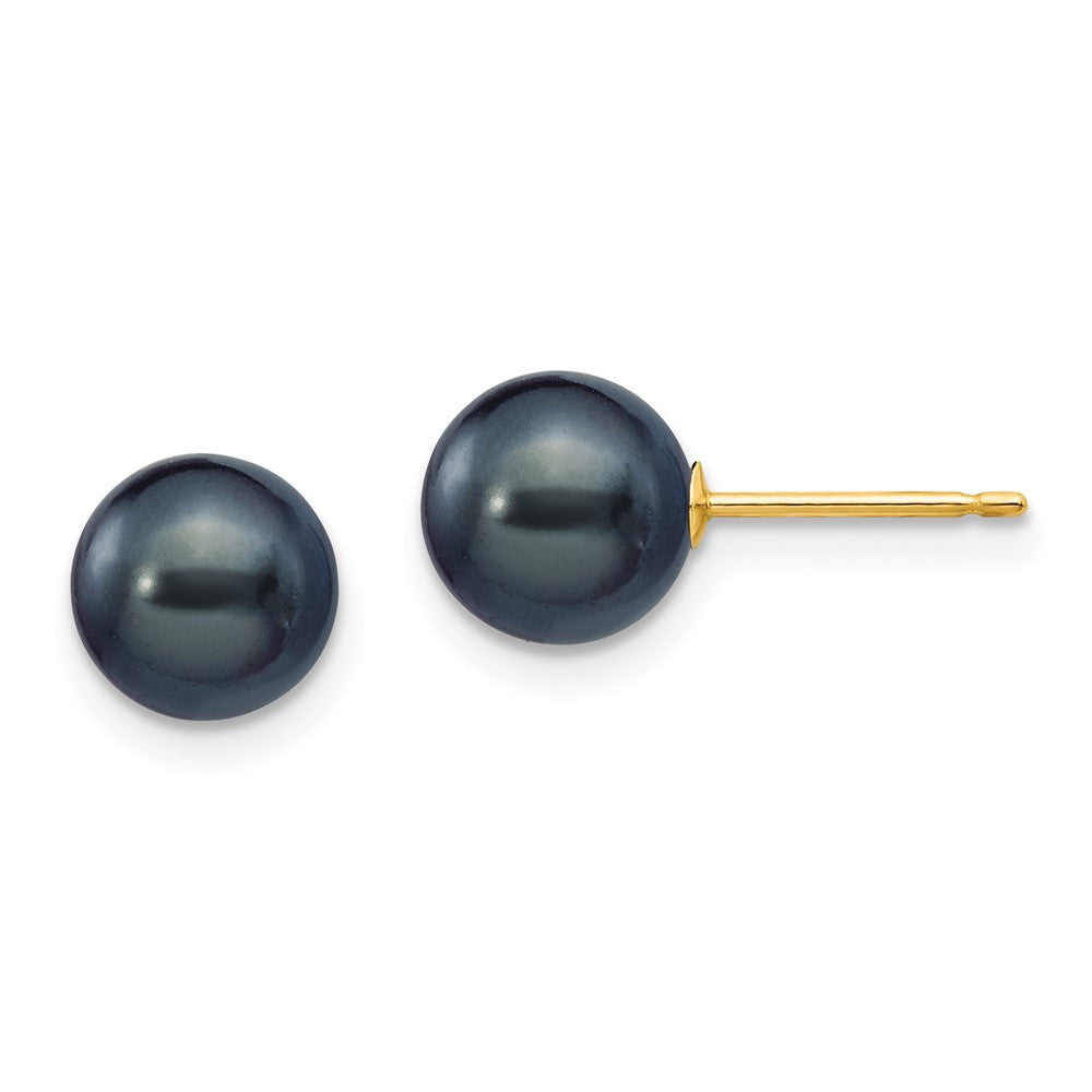 14k Yellow Gold 7-8mm Black Round Freshwater Cultured Pearl Stud Earrings