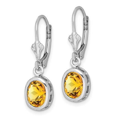 Sterling Silver Rhodium Plated 8x6mm Oval Citrine Leverback Dangle Earrings
