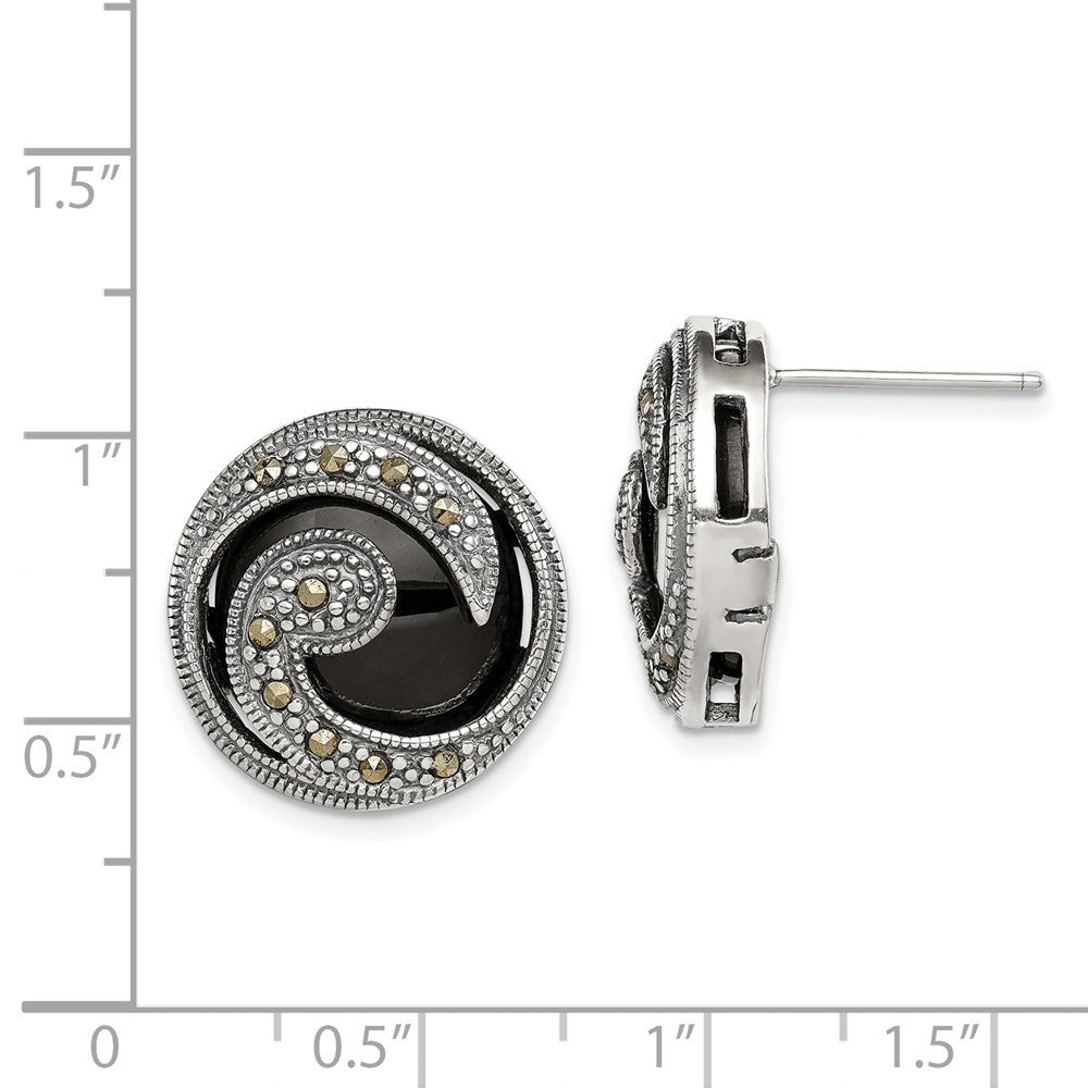 Sterling Silver Antiqued Onyx & Marcasite Round Wave Button Stud Earrings