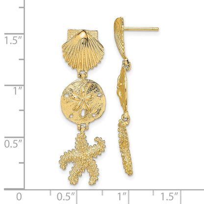 14k Yellow Gold Shell, Sand Dollar ,Starfish Dangle Earrings