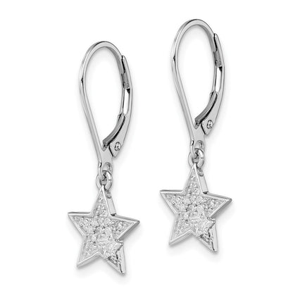 Sterling Silver Rhodium Plated Diamond Star Leverback Dangle Earrings