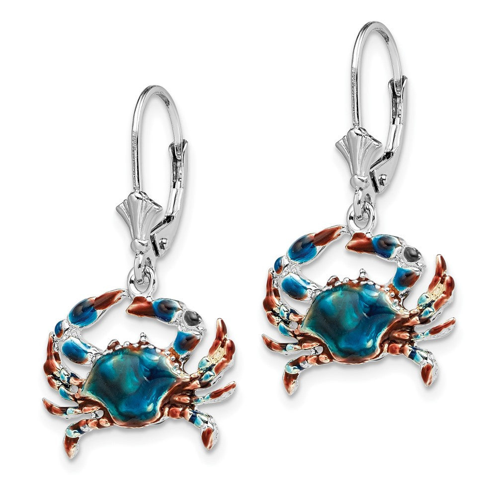Sterling Silver Rhodium-Plated Enameled Blue Crab Leverback Dangle Earrings