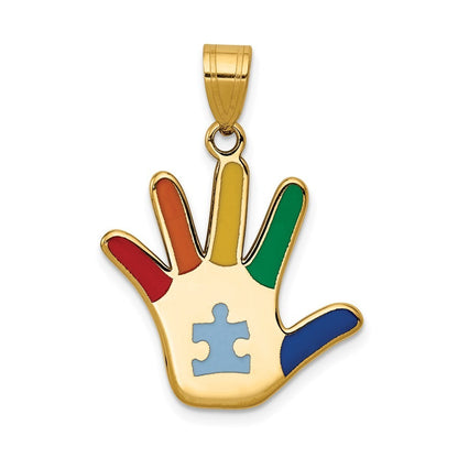 14k Yellow Gold Enameled Autism Puzzle Piece Handprint Pendant