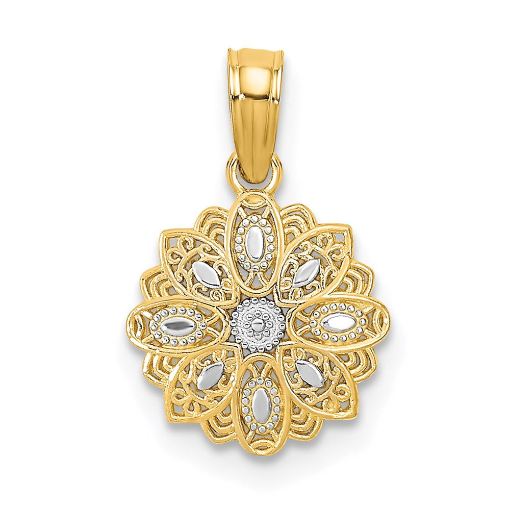 14k Yellow Gold w/Rhodium and D/C Mini Filigree Flower Charm Pendant