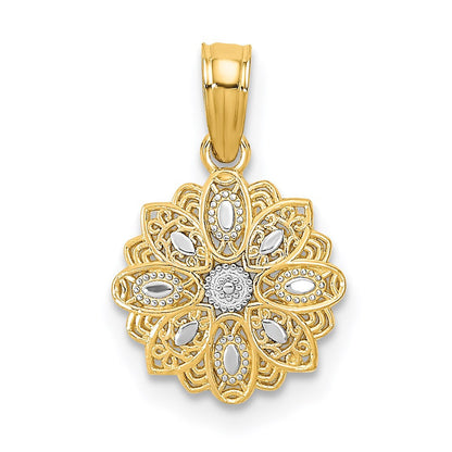 14k Yellow Gold w/Rhodium and D/C Mini Filigree Flower Charm Pendant