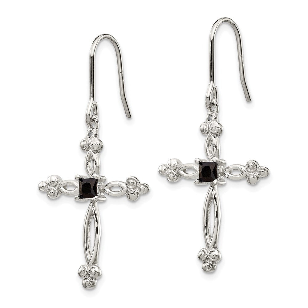 Sterling Silver Polished Diamond Accent & Black CZ Budded Cross Dangle Earrings