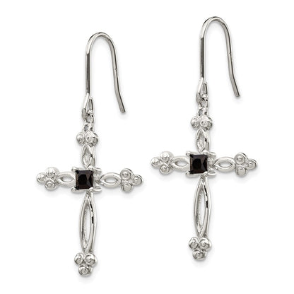 Sterling Silver Polished Diamond Accent & Black CZ Budded Cross Dangle Earrings