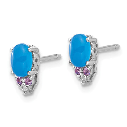 Sterling Silver Rh-plate Blue Onyx .08 Cr.Pink Sapphire/Dia. Stud Earrings
