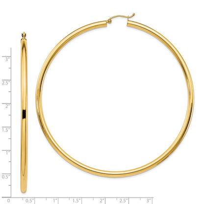 14k Yellow Gold Polished 3x80mm Round Tube Hoop Earrings